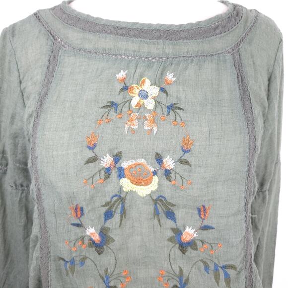 Umgee Green Floral Embroidered Peasant Blouse Long Sleeve Lightweight Small - Picture 2 of 11